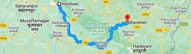 haridwar to ranikhet distance