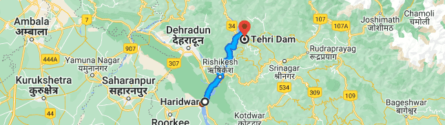 Haridwar to Tehri Dam distance