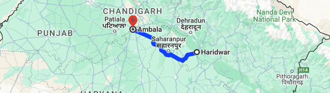 Haridwar to Ambala Distance